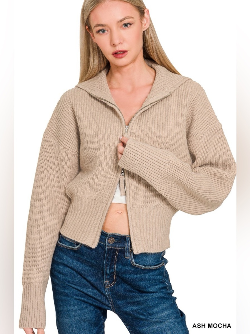 Zenana Ribbed Collared Zip Up Sweater Cardigan